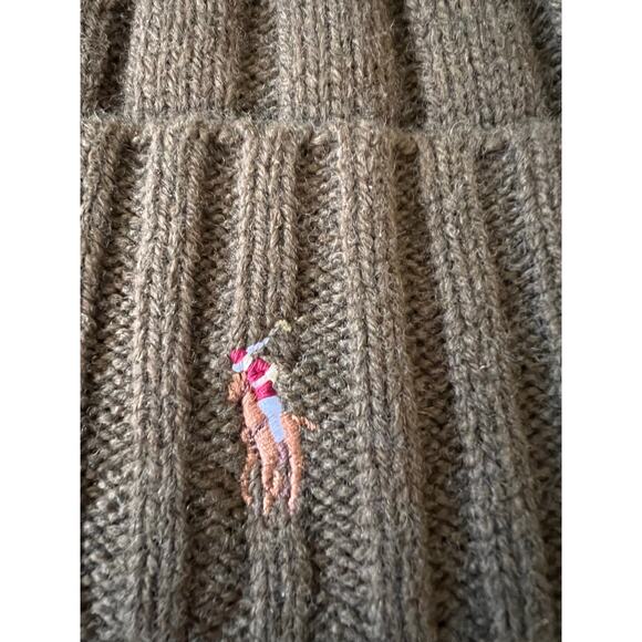 Polo Ralph Lauren Beanie Mens Army Green Flesh Pony Wool Blend Rib Knit Cuff NEW - Picture 2 of 3